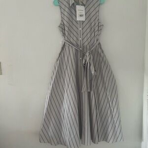 GRAMIMAR Sleeveless Striped Midi Shirt Dress in Light Gray and Navy